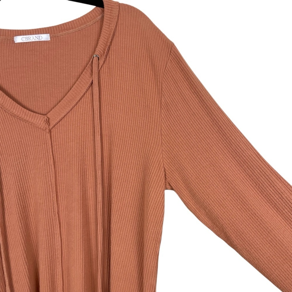 Cbrand Terracotta Orange Long Sleeved Ribbed Relaxed V-Neck Drawstring Top Sz M - Picture 5 of 13